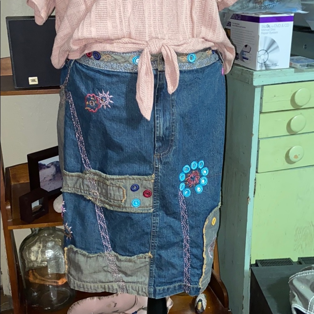 24/7 embellished patchwork jean skirt SZ 24